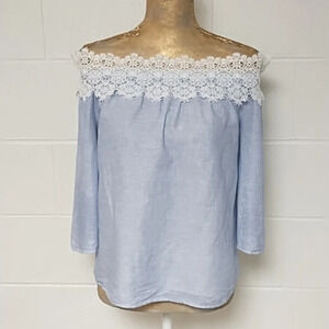 Zara Off Shoulder, Lace & Pinstripes, Cotton/Linen Blend Blouse, Top 3/4 Sleeve